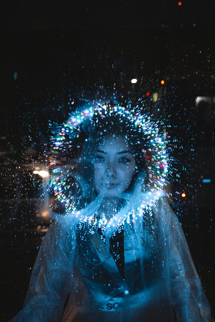 A captivating night portrait of a woman with vibrant fantasy light effects.